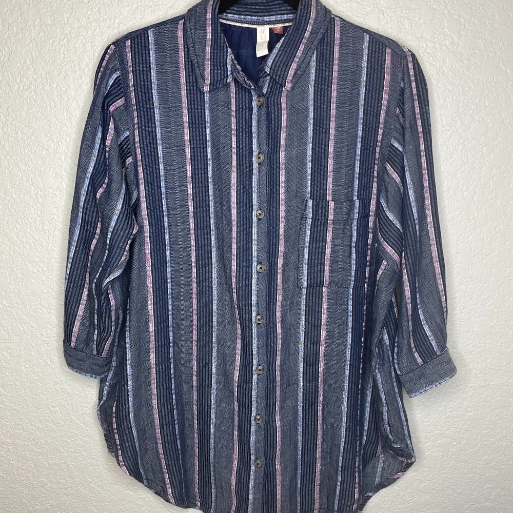 ANTHROPOLOGIE PILCRO women’s Long Sleeve Blue Striped‎ Shirt Size XS PETITE